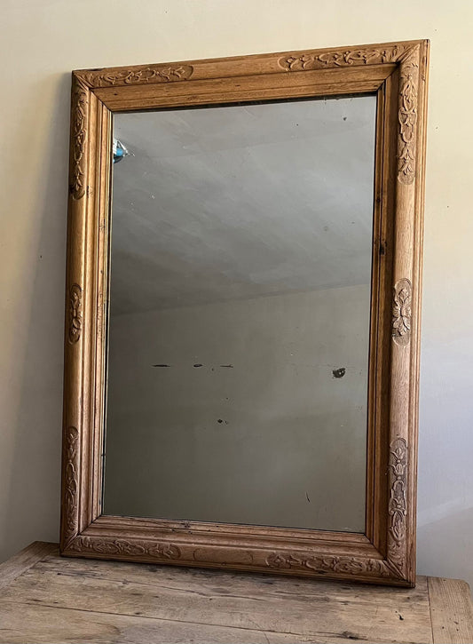 19th century carved wooden mirror in natural solid oak